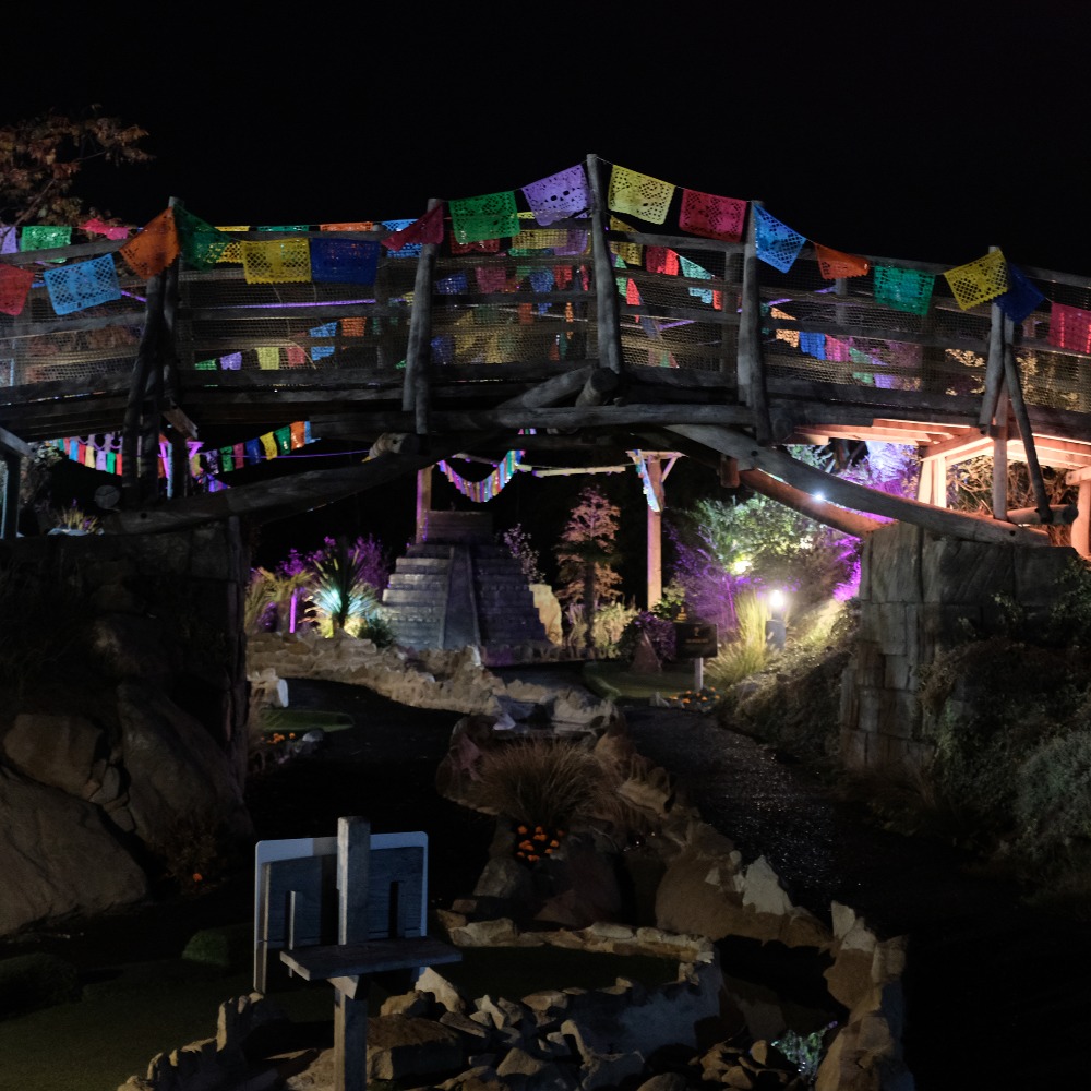 Neon Heights high ropes aerial adventure course glowing with neon lights, featuring zip lines, wobbly bridges, swingy steps, and a thrilling 70-metre zip wire descent under the night sky.