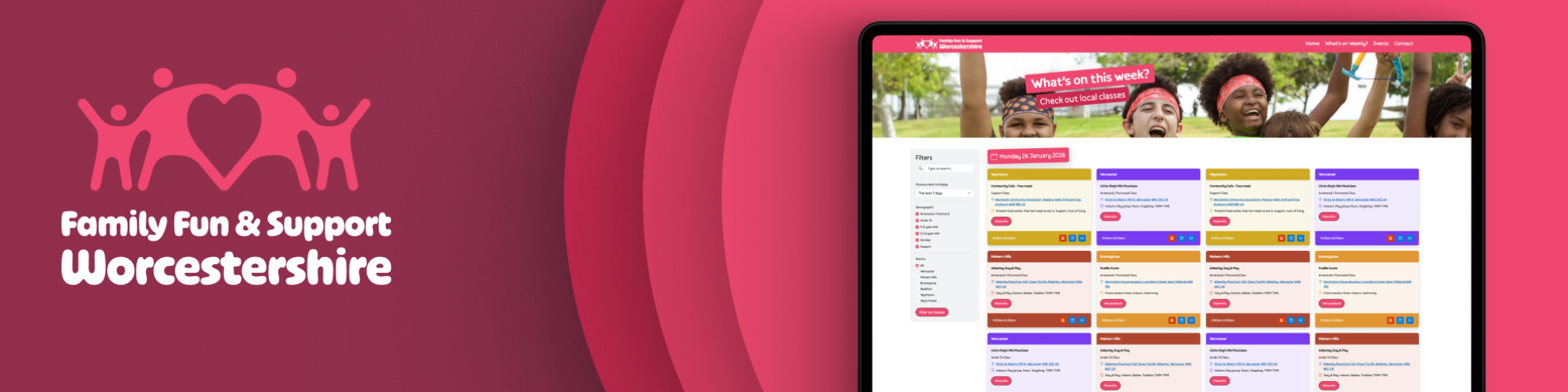 Screenshot of Family Fun & Support Worcestershire website featuring family activities and events