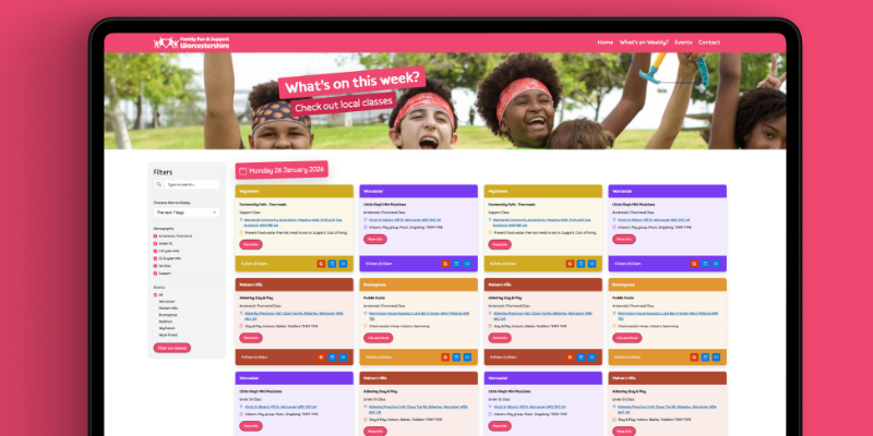 Screenshot of Family Fun & Support Worcestershire website featuring family activities and events