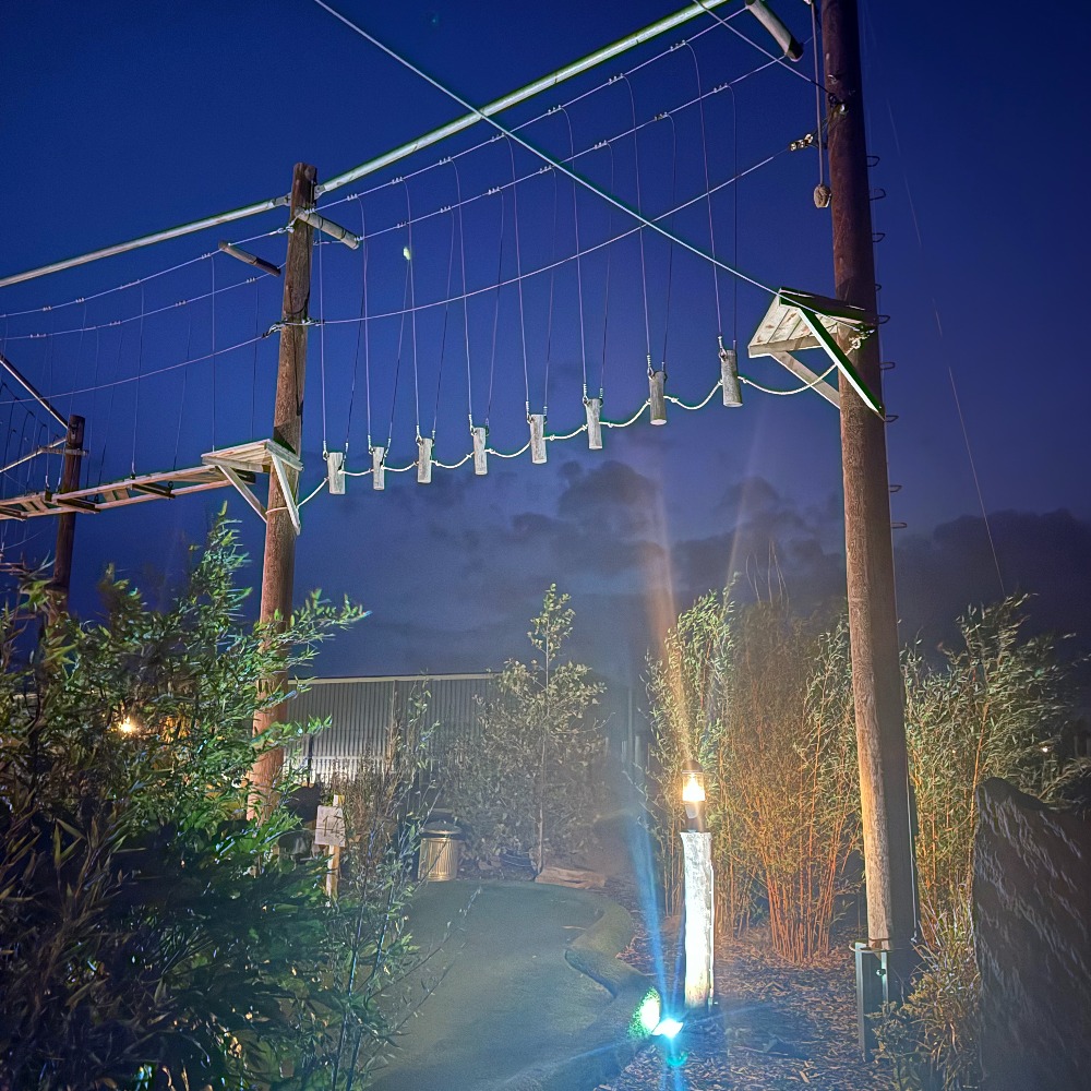 Neon Heights high ropes aerial adventure course glowing with neon lights, featuring zip lines, wobbly bridges, swingy steps, and a thrilling 70-metre zip wire descent under the night sky.
