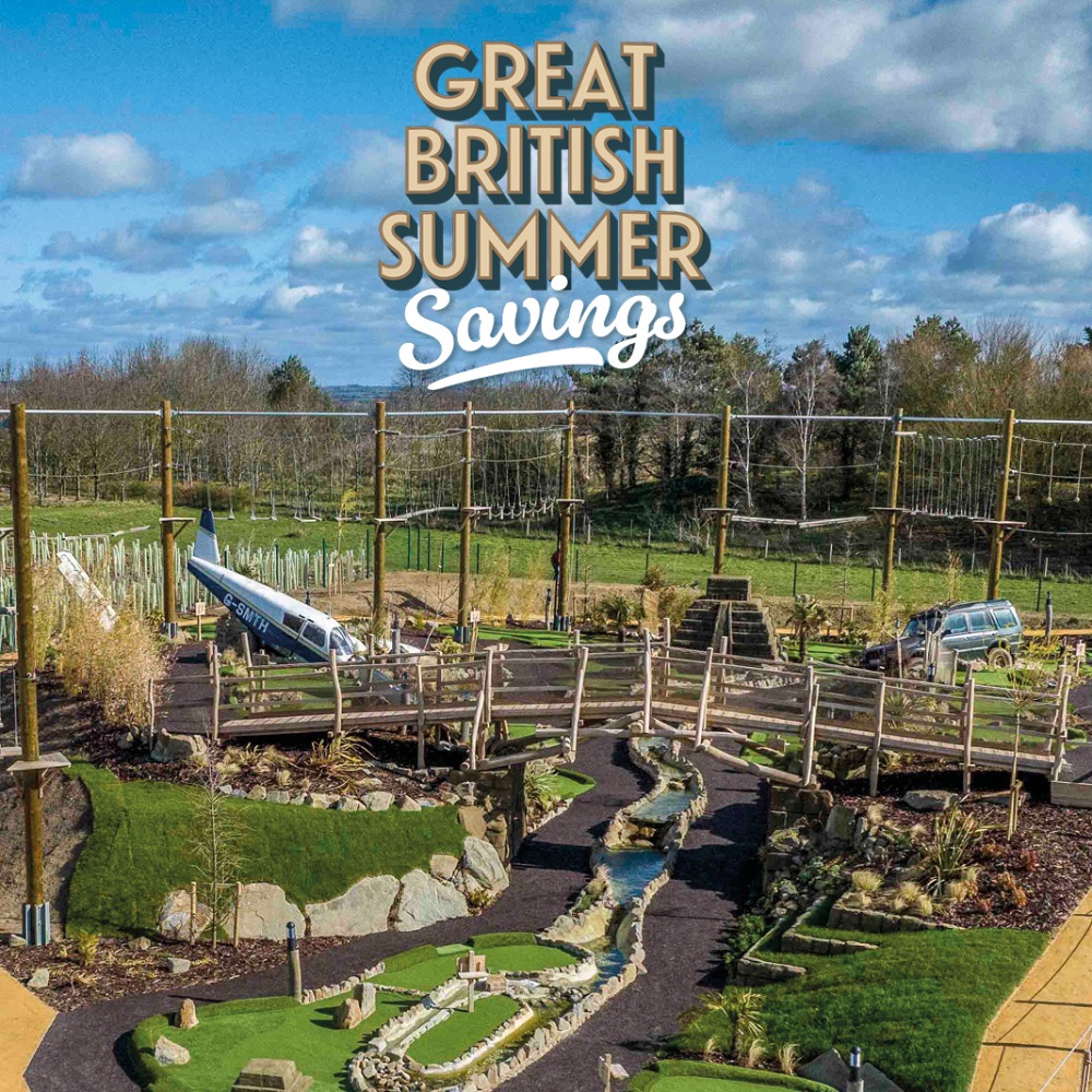 Families enjoying the Aztec Adventure Aqua Park - save this summer with Great British Summer Savings, 25 June to 1 September 2026.