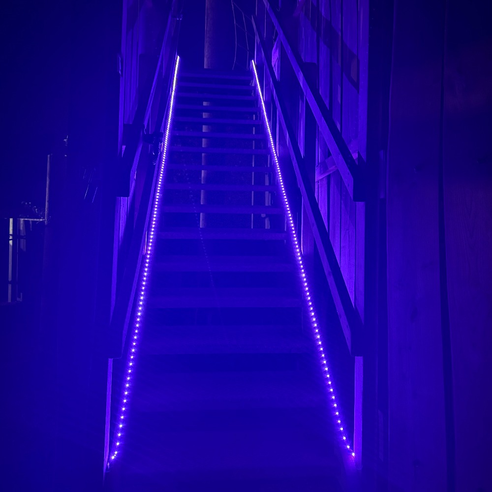Neon Heights high ropes aerial adventure course glowing with neon lights, featuring zip lines, wobbly bridges, swingy steps, and a thrilling 70-metre zip wire descent under the night sky.