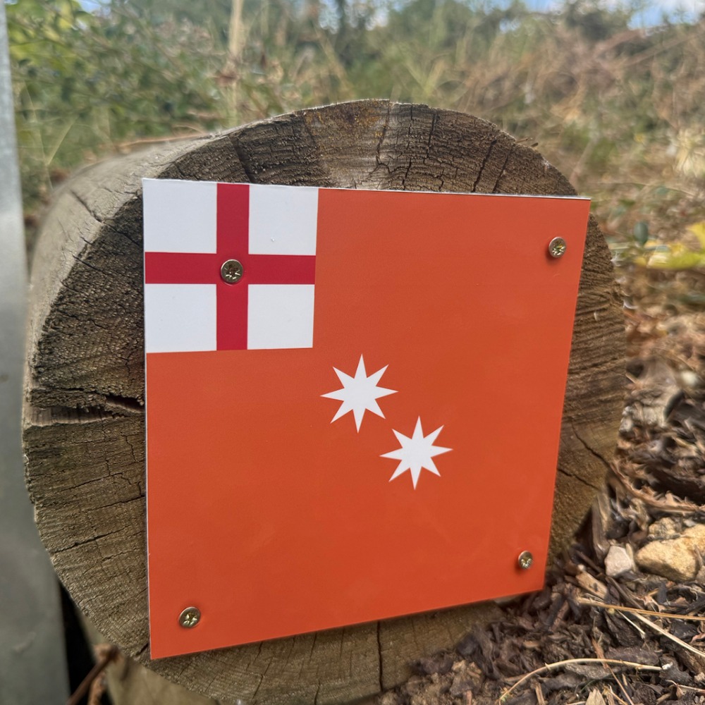 Regiment Banner flag hidden on a log along the Victory at The Lost Valley adventure golf trail