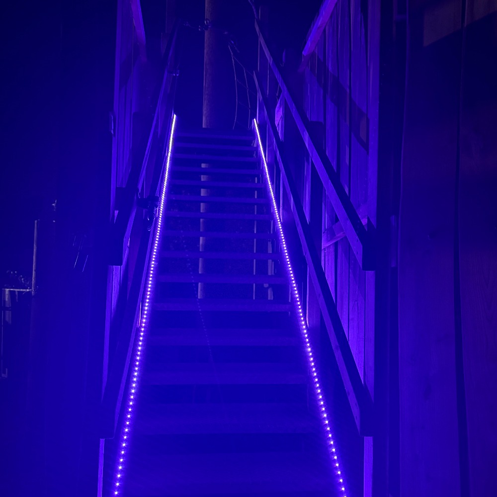 Neon Heights high ropes aerial adventure course glowing with neon lights, featuring zip lines, wobbly bridges, swingy steps, and a thrilling 70-metre zip wire descent under the night sky.