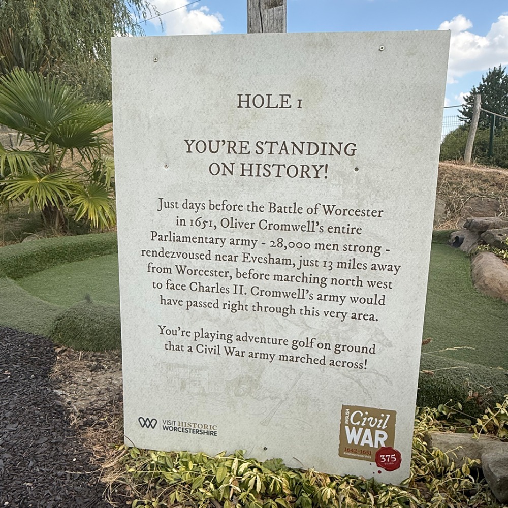 Hole 1 information sign: You're Standing on History, part of the Victory at The Lost Valley Civil War themed trail