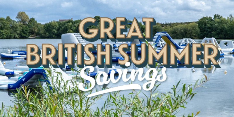 Families enjoying the Aztec Adventure Aqua Park - save this summer with Great British Summer Savings, 25 June to 1 September 2026.