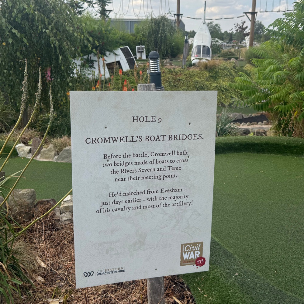 Hole 9 information sign: Cromwell's Boat Bridges, part of the Victory at The Lost Valley Civil War themed trail